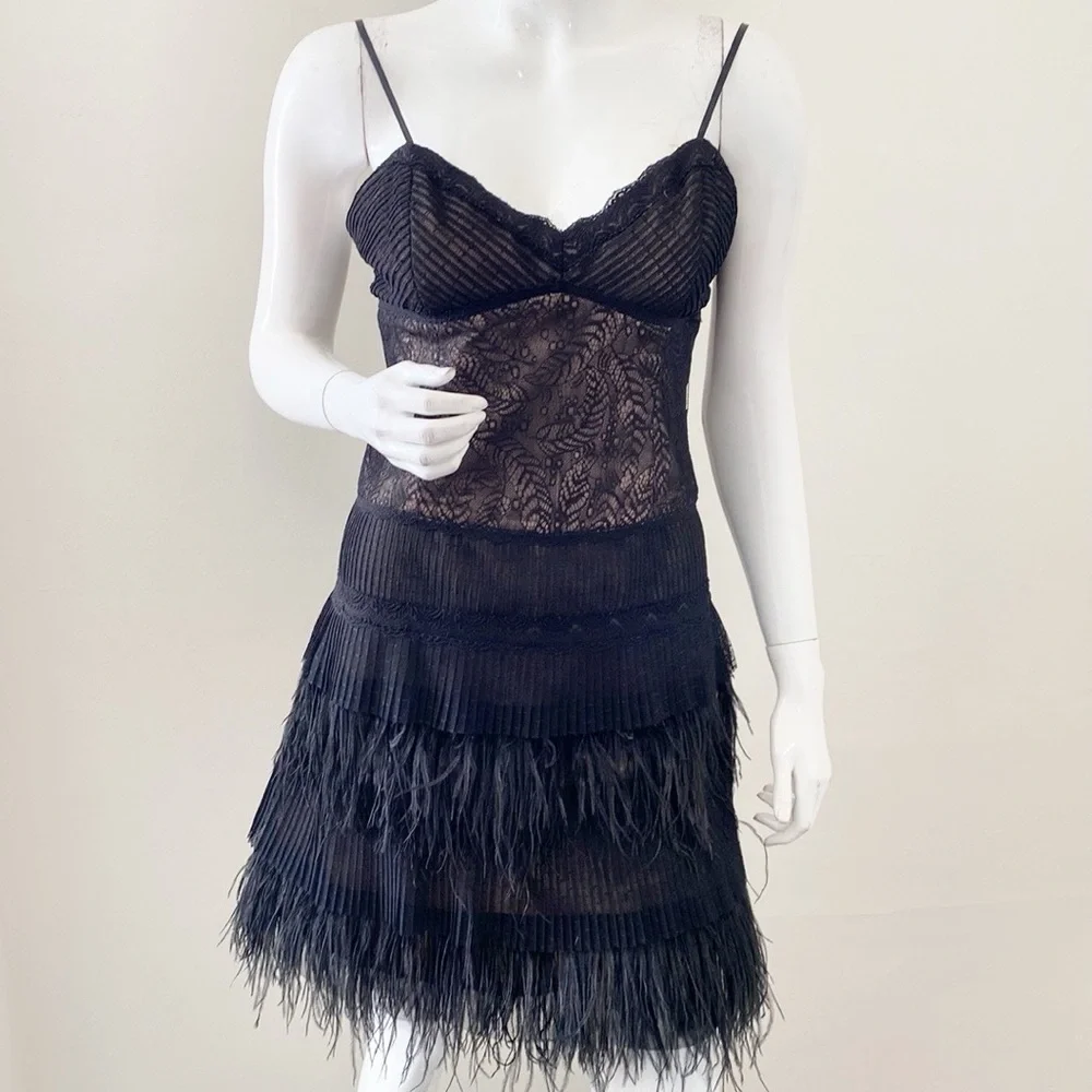 Y2K BCBG Max Azria Black Lace and Tiered Feather Fringe Mini Dress - Picture 4 of 7